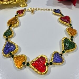 Chunky Gold Molten Resin Heart Emerald Crystal Statement Necklace